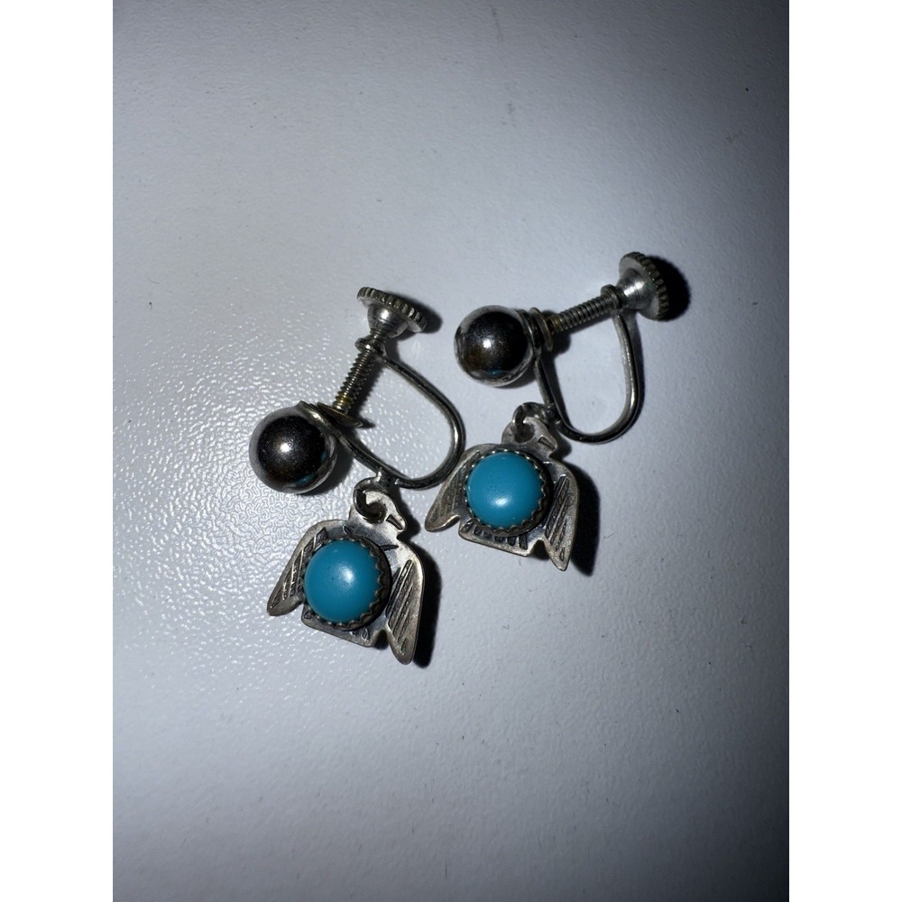 Navajo Western Bird Earrings 925 Silver Turquoise‎ Native Artist Screw Back Clip